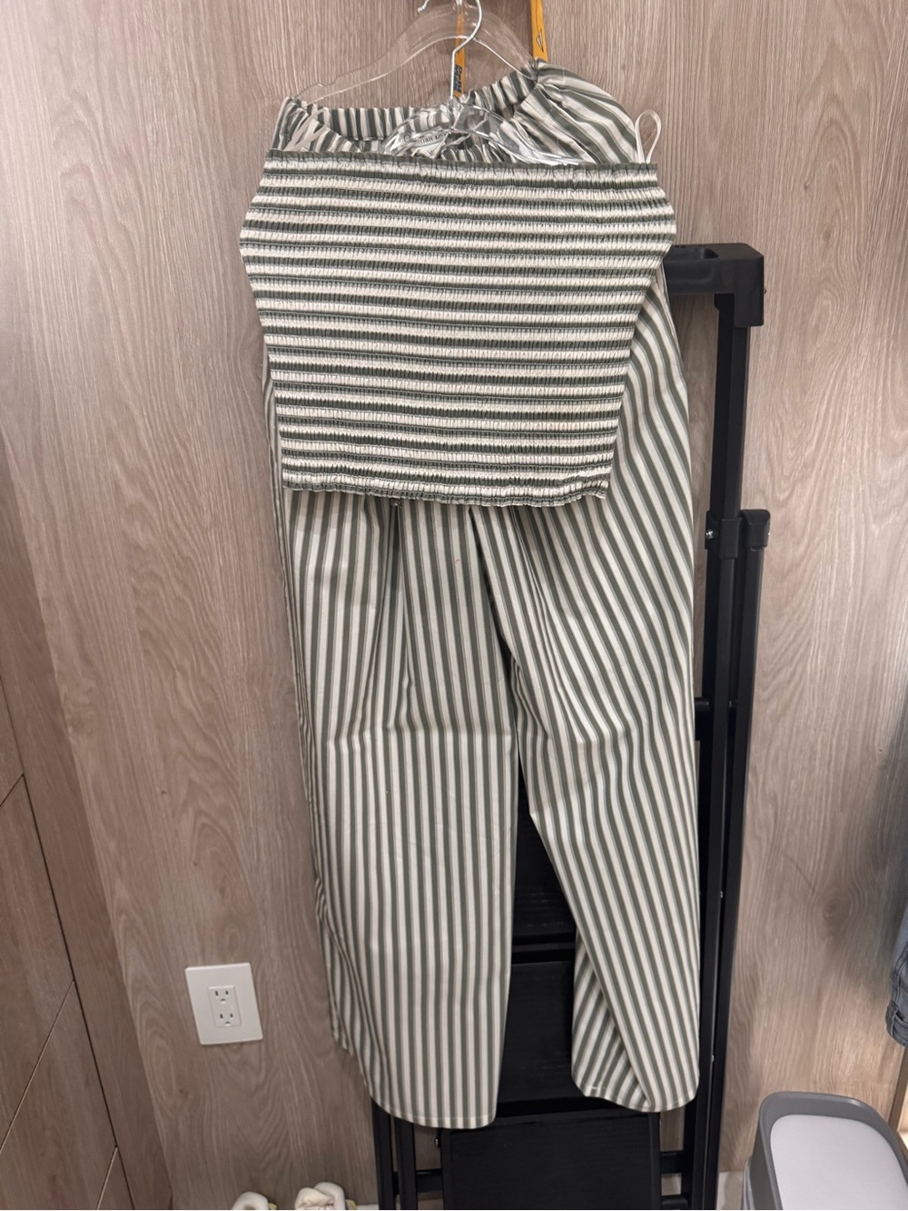 Christian Lacroix Olive and White Striped Tube Top with Wide-Leg Pants